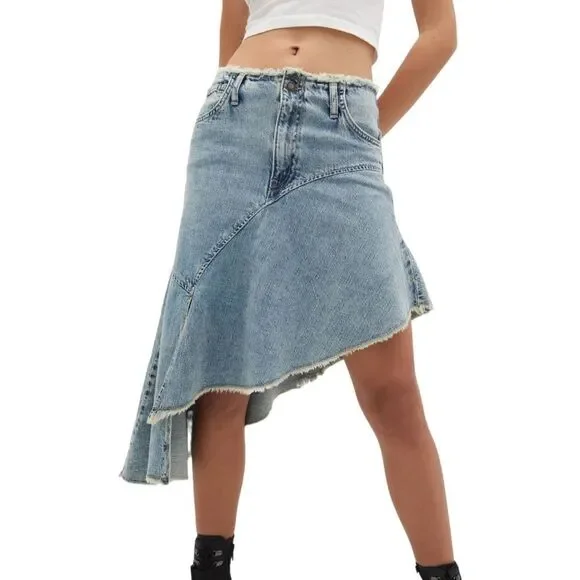 STRADIVARIUS | Blue | ASYMMETRIC DENIM SKIRT WITH RUFFLE TRIM - Picture 4 of 15